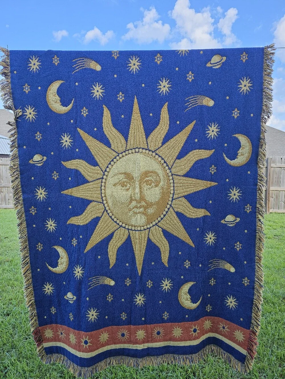 Vintage Sun & Stars Woven Tapestry Throw Blanket 90s Reversible